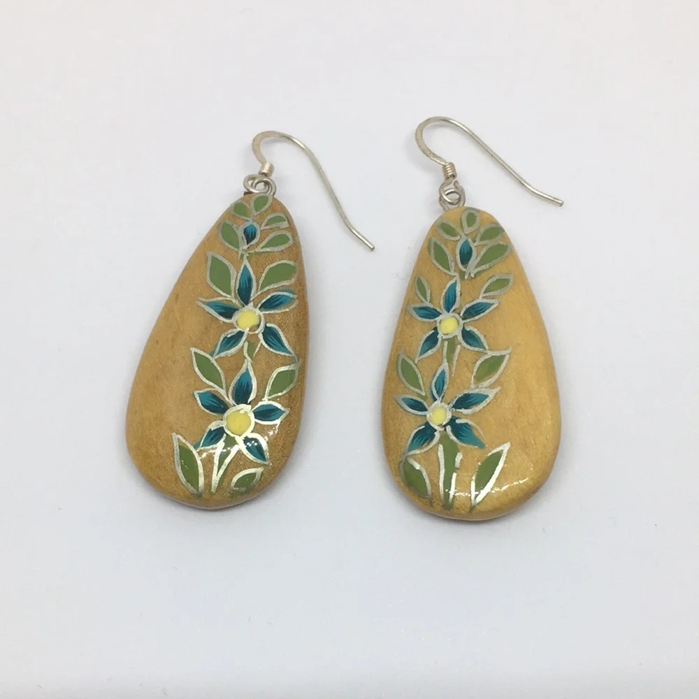 Hand Painted Walnut Wood Sterling Silver Teardrop Earrings Teal & Yellow Floral